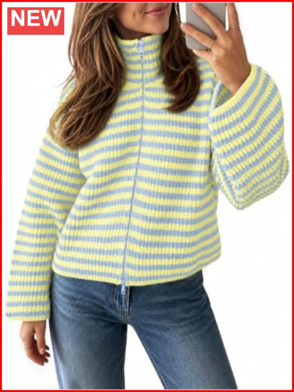 Women's Striped Zip Up Sweater Mock Neck Loose Fit Knit Cardigan